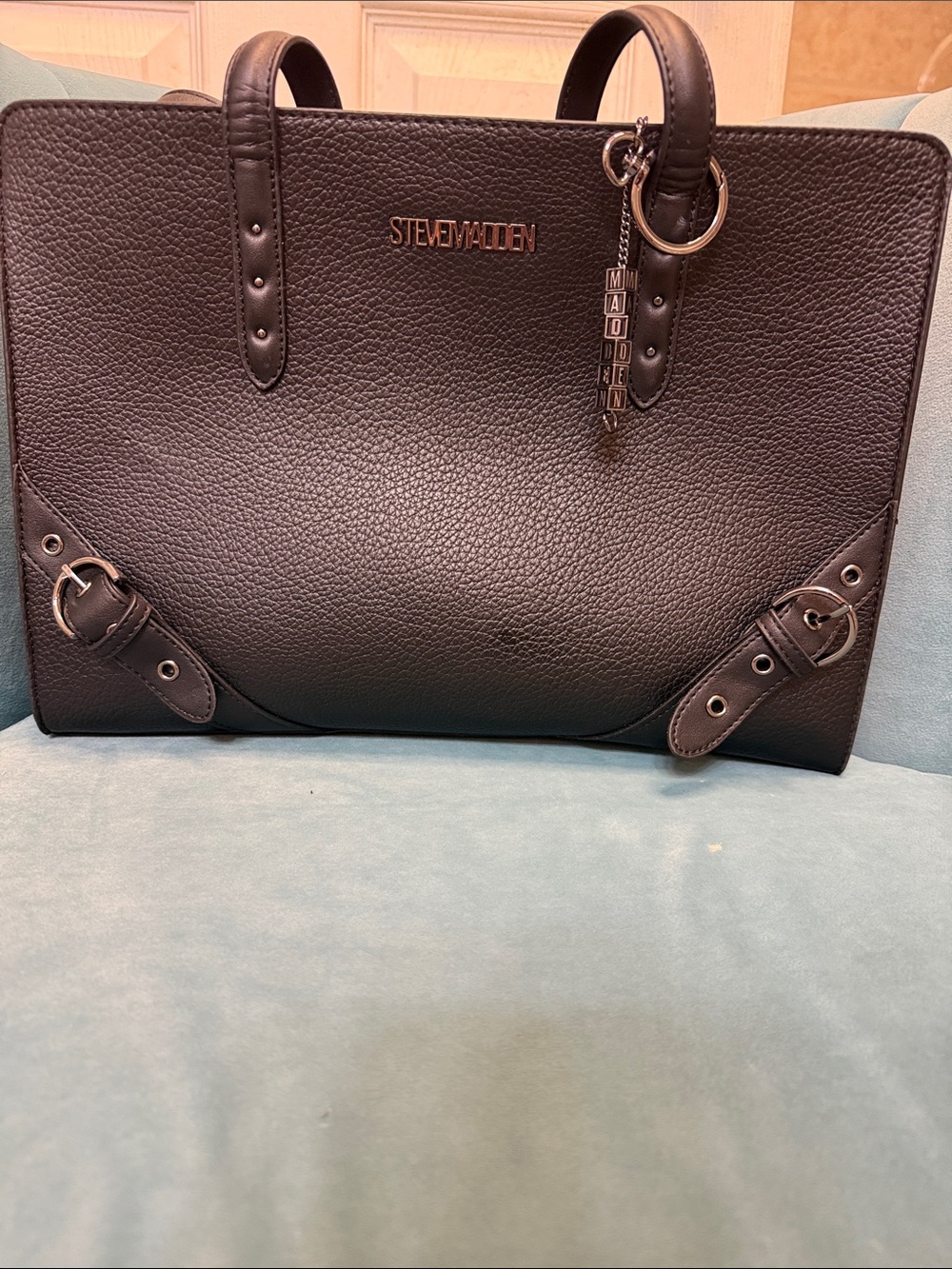 Steve Madden Black Pebbled Leather Satchel with Logo Charm